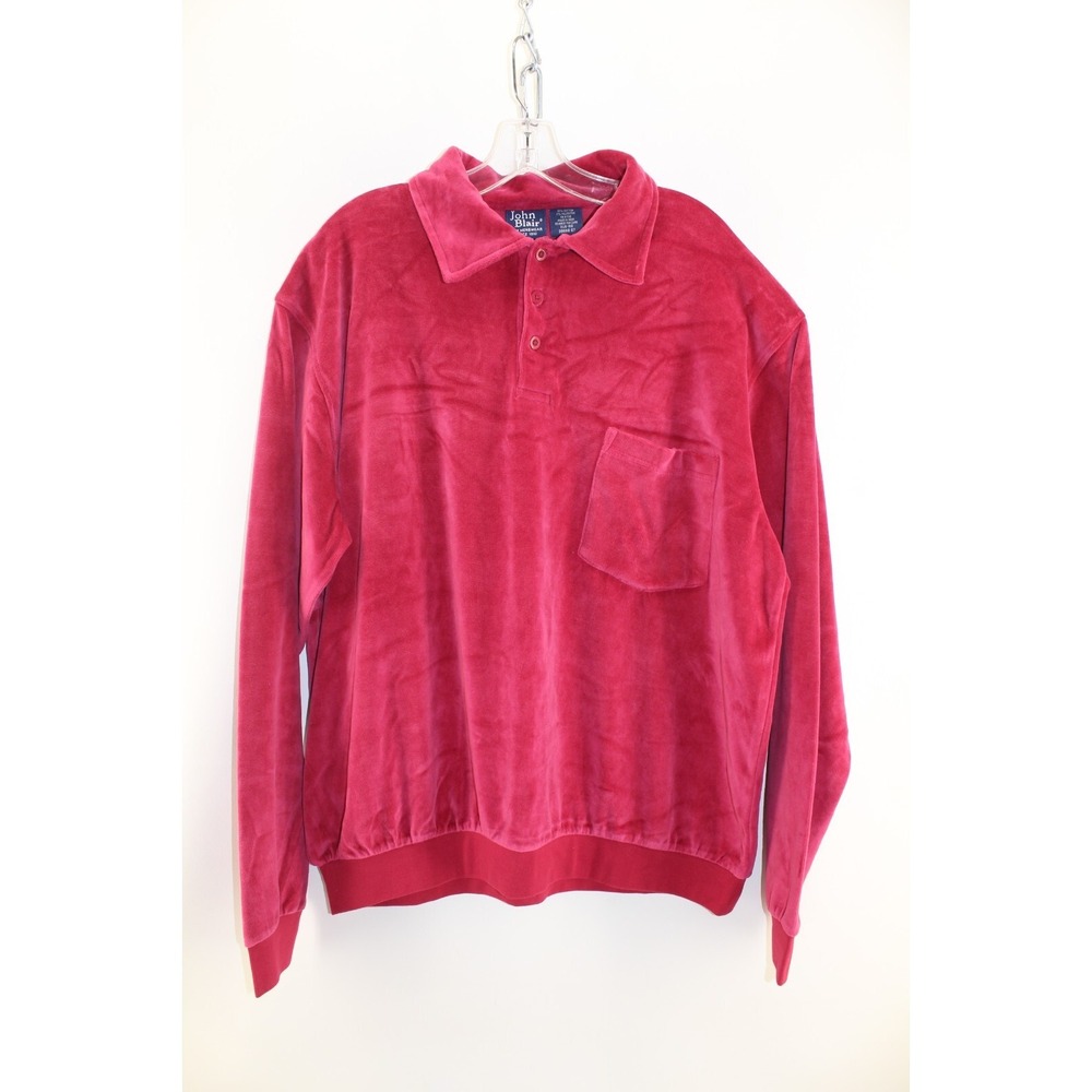 Vintage John Blair Red Velour‎ Long Sleeve Pull Over Polo Shirt Size Extra Large